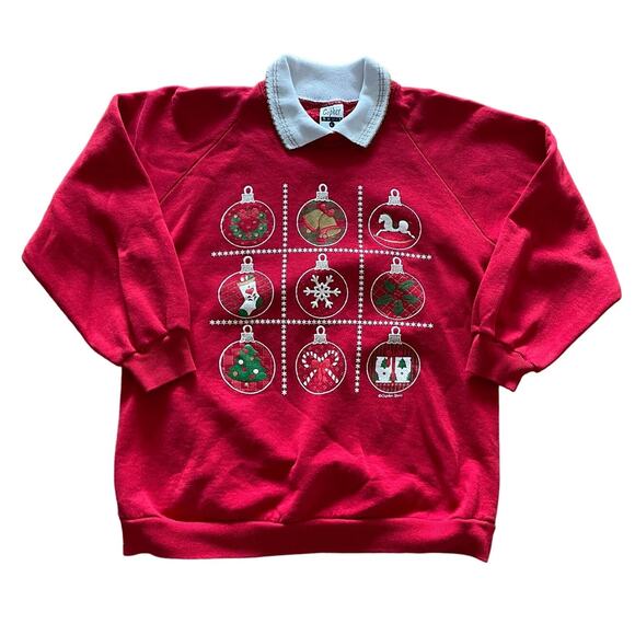 Vintage 80s Christmas Ornament Sweatshirt w/ Collar size L - Picture 1 of 5